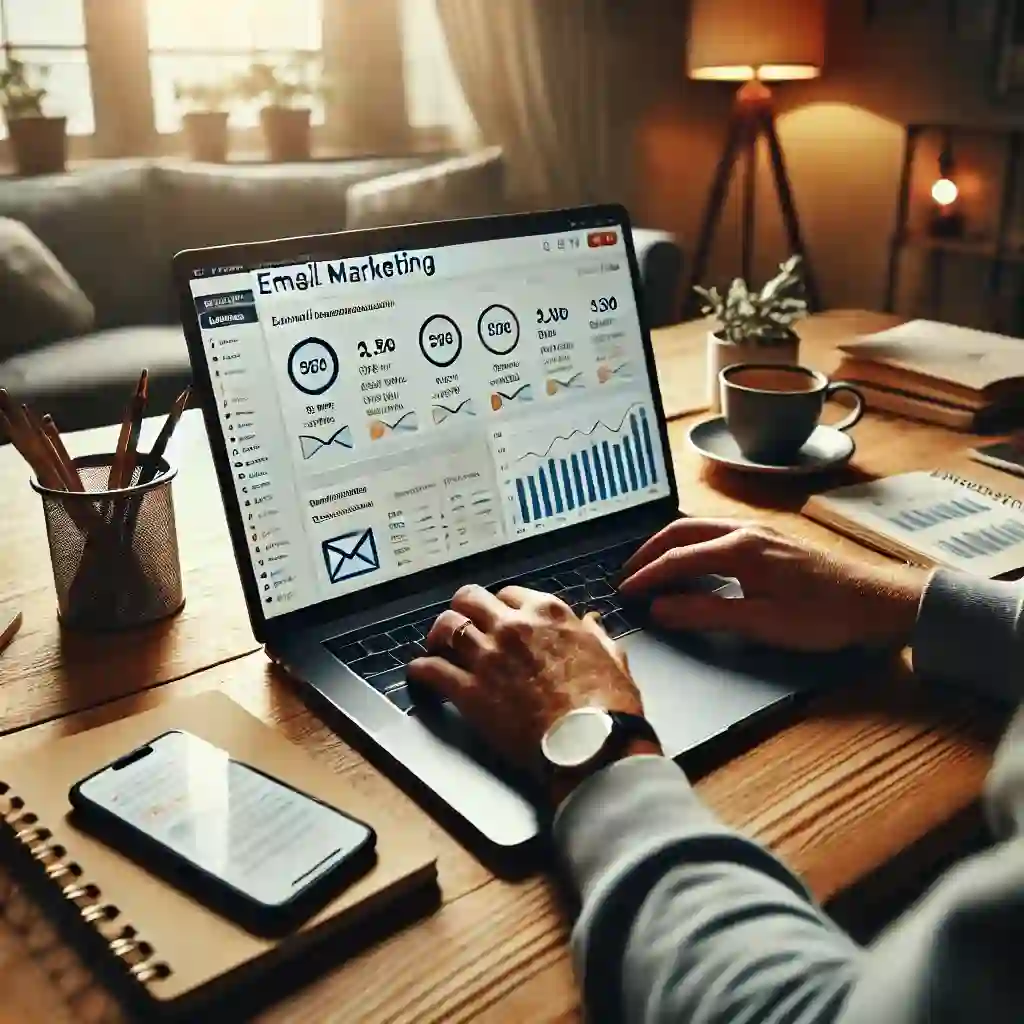 Freelance email marketer working remotely on a laptop.